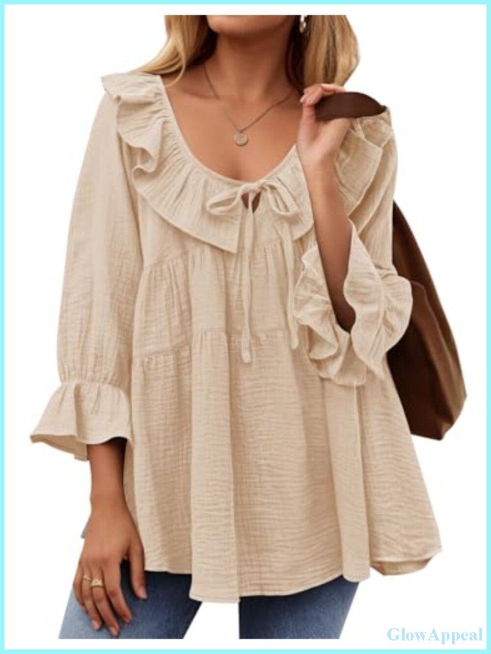 Ruffle Tie Front Peasant Blouse - Boho Flowy Puff Sleeve Top